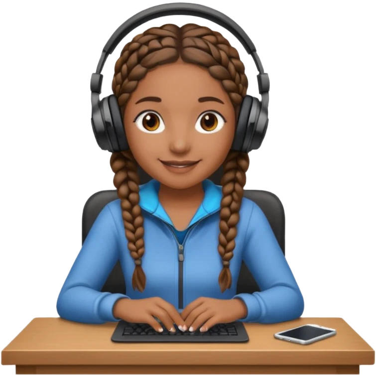 brown skinned female with braids sitting at a desk with headphones on emoji