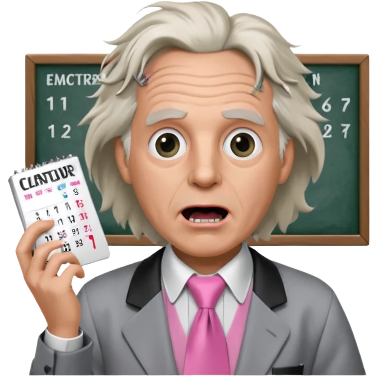 Doc Brown, in Back to the Future, with his hair all over the place and his mouth wide open. No glasses. Wearing a silver dress with black trim, a pink collared shirt and a white tie, holding a calendar.  emoji