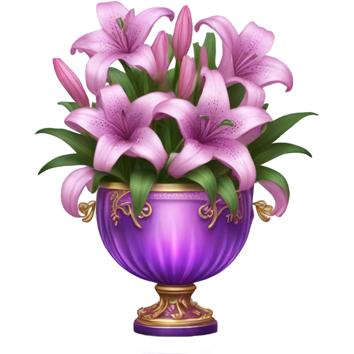 A luxurious bouquet of violet lilies in an ornate Pink crystal vase, placed on an antique wooden table with soft candlelight reflecting off its petals. emoji