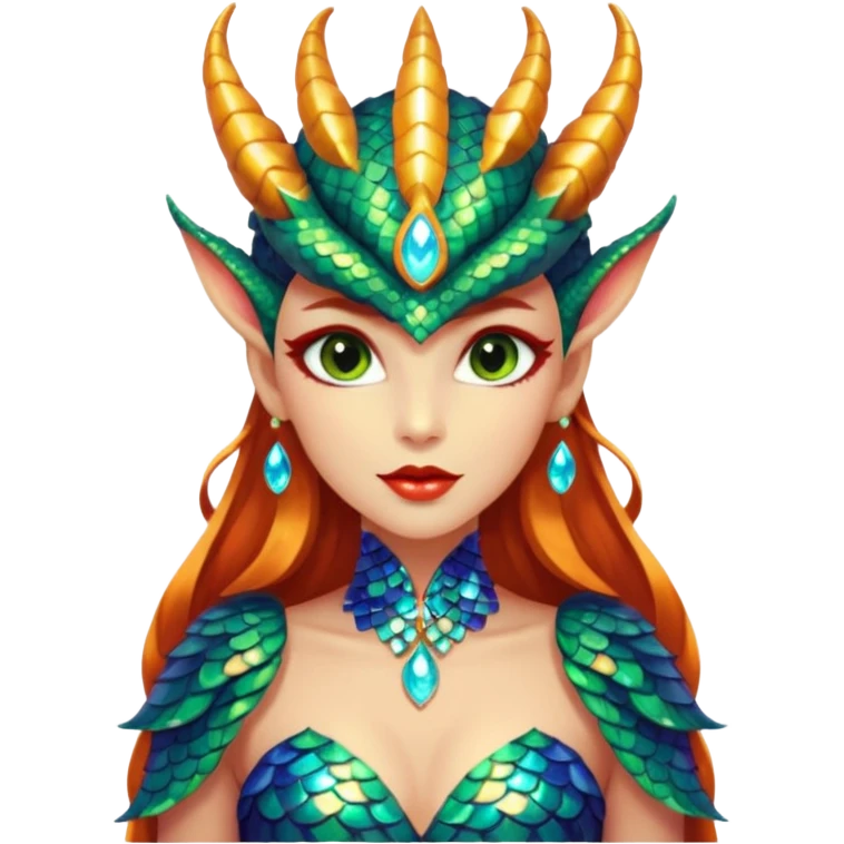 A gorgeous dragon woman with glittering jeweled scales covering her body and face. She has large almond shaped eyes, lush lips, and she wears a stunning luminescent gown. emoji