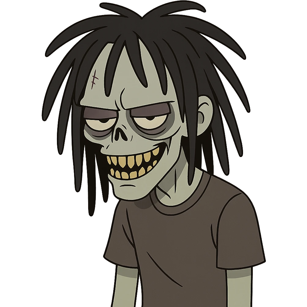 spooky cartoon emo boy zombie, medium-long black freeform dreads, shaggy, with a sinister, creepy face emoji