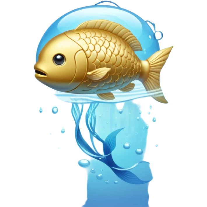 Shimmering golden capsule floating in flowing soft blue liquid currents, with an ethereal translucent fish circling around a glowing brain suspended in the fluid. Gentle waves of light pulsing outward from the brain, creating an aura of serenity, enhanced focus and mental clarity. emoji