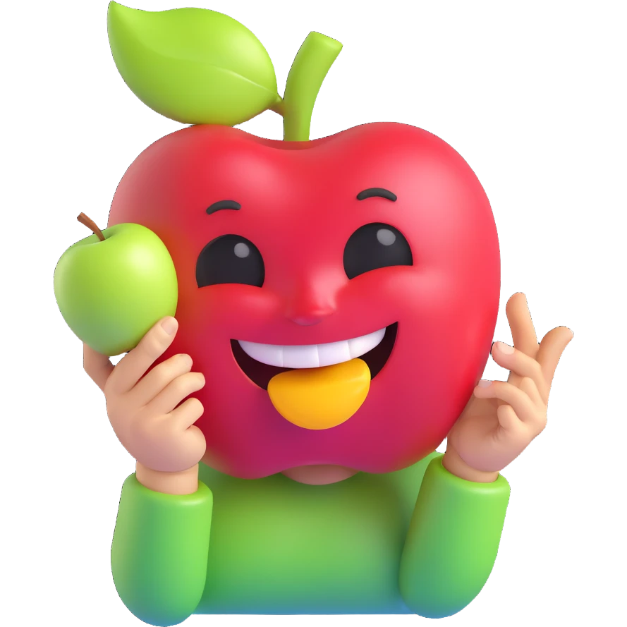 cheerful face holding a bitten apple, glossy and colorful, playful expression emoji