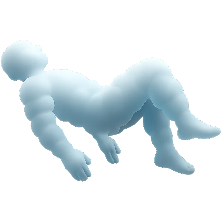 side view of unconscious person flying torso up, legs and arms down, made of very bright white fluffy convex clouds, matte glass style emoji