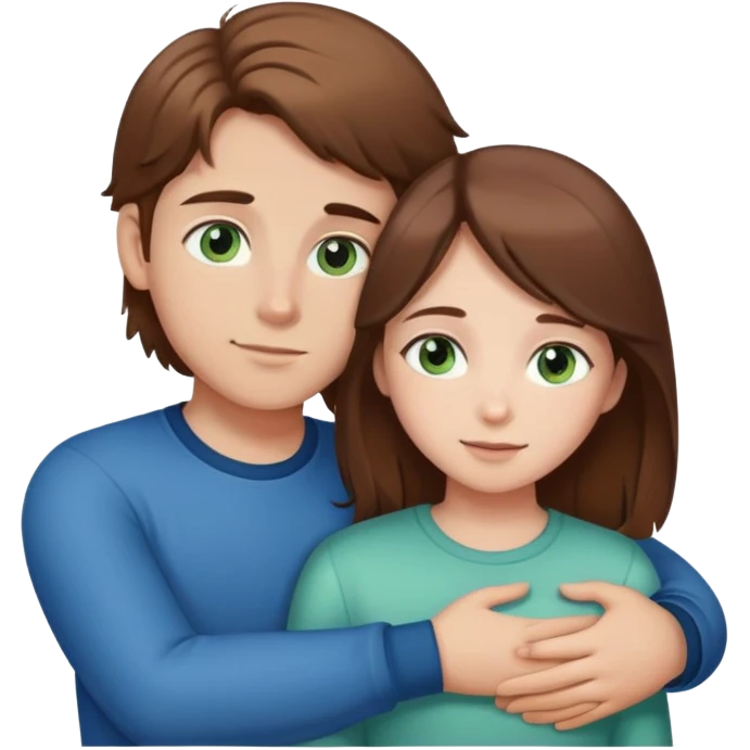 Brown middle part haired boy with blue-green eyes and brown haired brown eyed girl hugging emoji