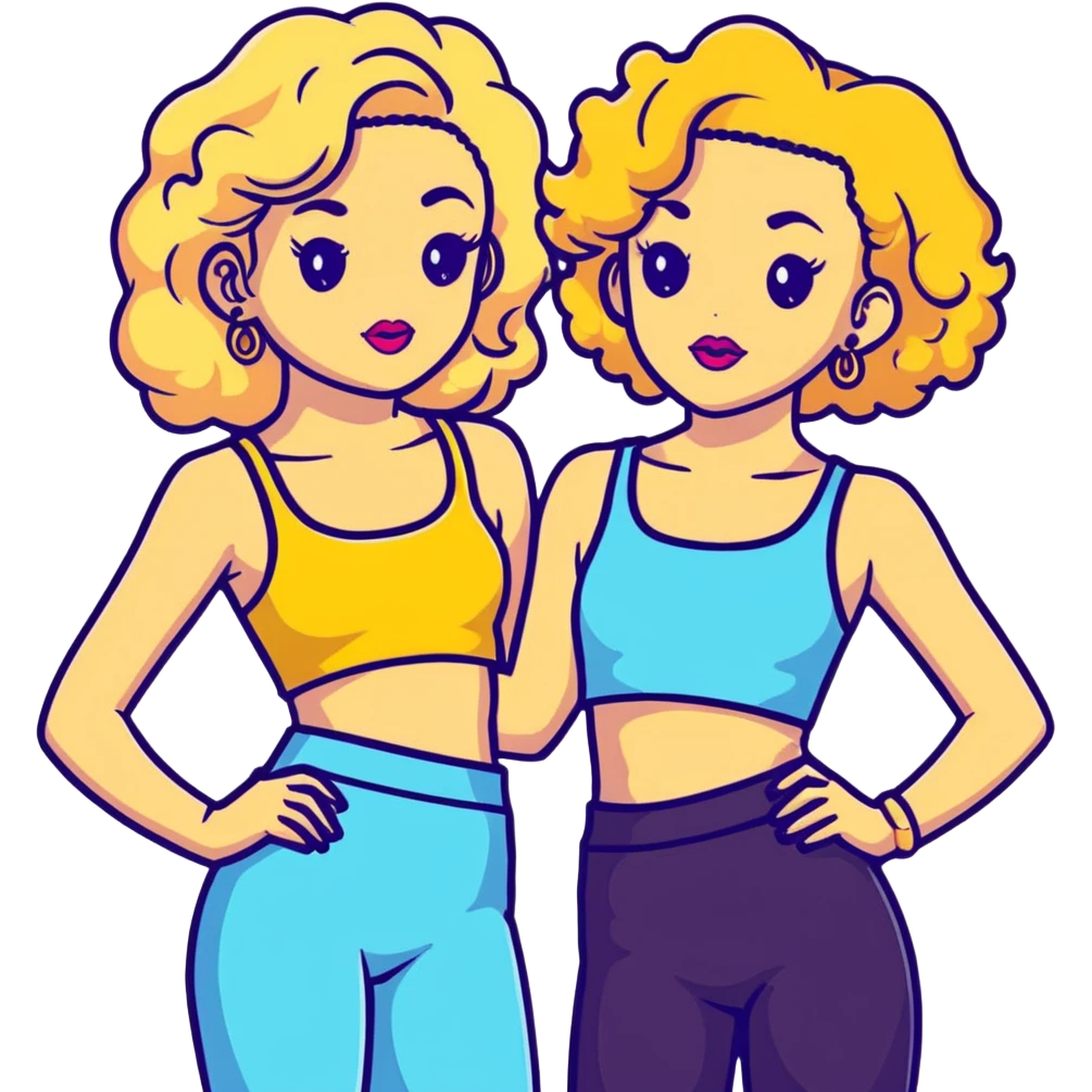 Full body of two teenage girls standing together, one white with straight blonde hair and one brown-skinned with curly dark hair, both with heavy makeup, big lips, crop tops, gold jewelry and flashy choni style outfits emoji