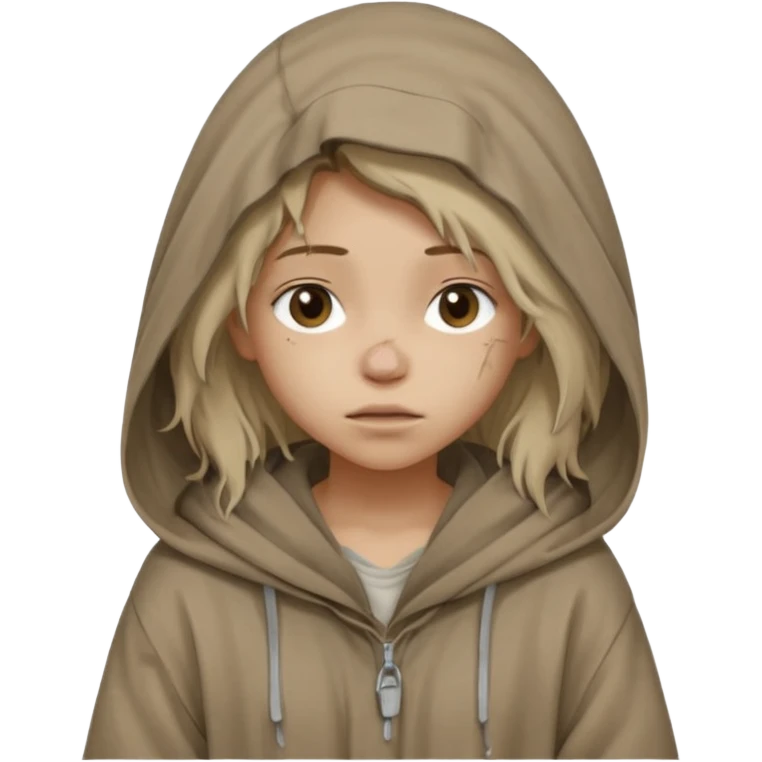 Young beggar little girl character, chest-up portrait, wearing worn and oversized clothes, hair is visible, no hat or such, neutral earth-tone fabric, slightly messy hair peeking from under a hood, tired but gentle eyes, subtle dirt marks on face, emoji