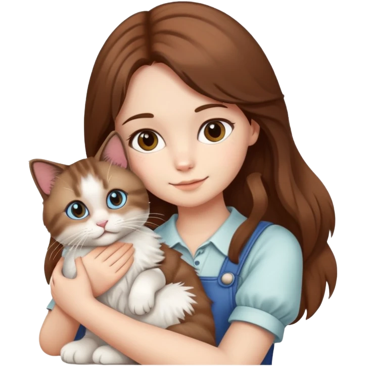 brown-haired girl holding a ragdoll cat emoji
