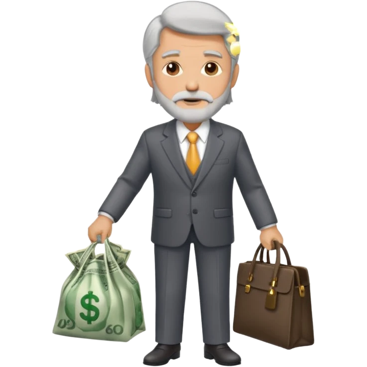 Un hombre con traje, de unos 60 años con barba, pelo largo, sin gafas y con una bolsa de dinero, importante, con traje de negocios y sin gafas  emoji