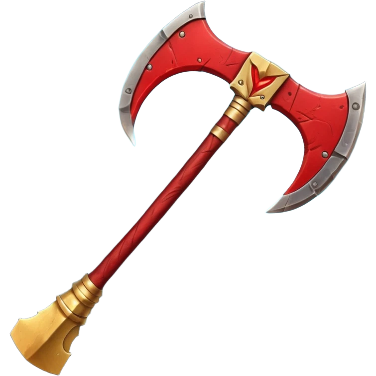 Ares battle axe object icon, ancient Greek war god axe, double-bladed heavy axe, red and gold metal, battle-worn scratches, glowing red accents, 3D cartoon, mobile game icon style, centered, clean background, soft shadow, no text, no watermark

 emoji