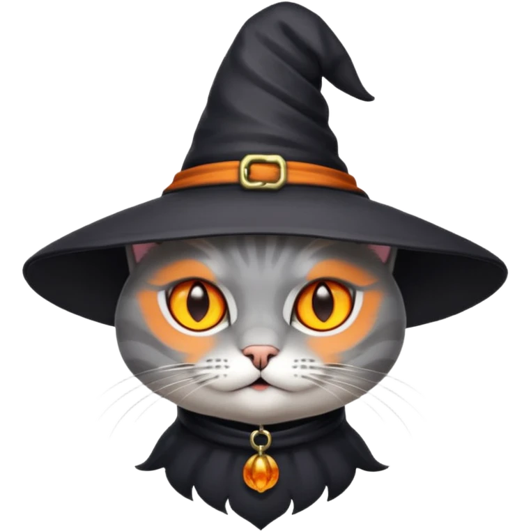 Grey cat with orange eyes with witch hat emoji