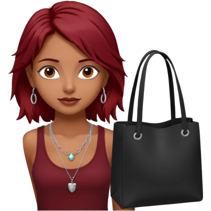 a pretty tan indian bratz girl with messy dark red hair, wearing a dark red tank top, layered silver necklaces. Carrying a black tote bag emoji