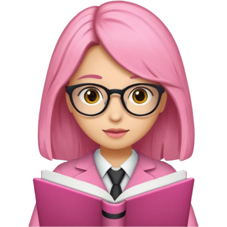 Estudante de cor parda cabelo cacheado loiro escuro de óculos segurando um caderno rosa emoji