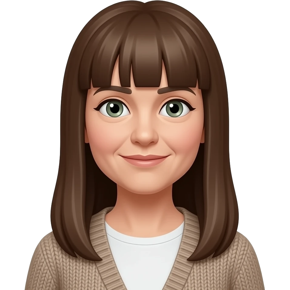 older woman with long straight brown hair and bangs, grey-green eyes, wearing a cardigan emoji