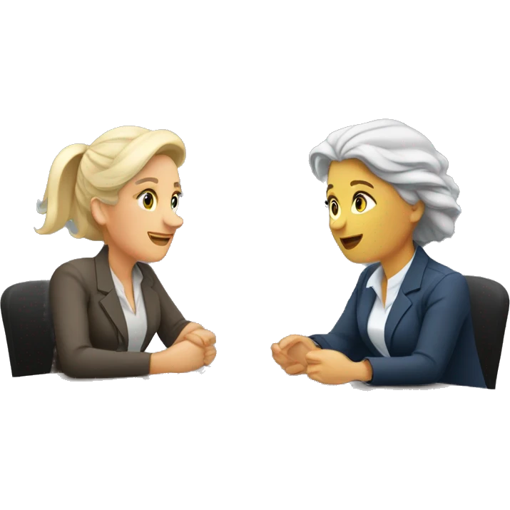 an older woman grey hair and a younger woman blonde hair sitting at a table talking job interview semi casual emoji