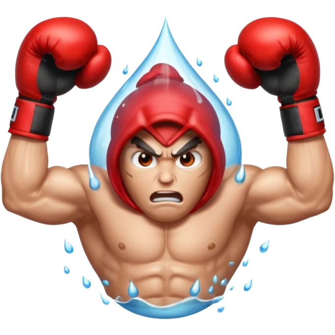 Gota de agua con cara de enfado y unos guantes de boxeo, que tenga brazos y piernas musculados emoji