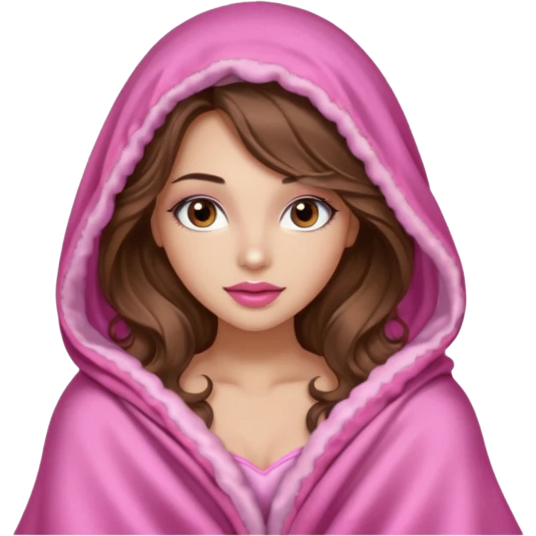 girl with long wavy brown hair, brown eyes, long lashes makeup, sexy pink lips, light to medium complexion, wearing a pink sexy silk top, big blanket over the head cozy holding a cat, remove the cat ears on the hood emoji