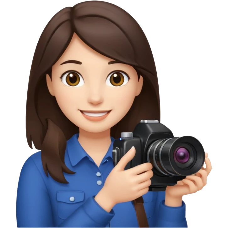A brunette girl smiling, she’s a proud and successful filmmaker 🍿🌍✨ Holding a camera or behind / next to a camera, / holding awards  emoji