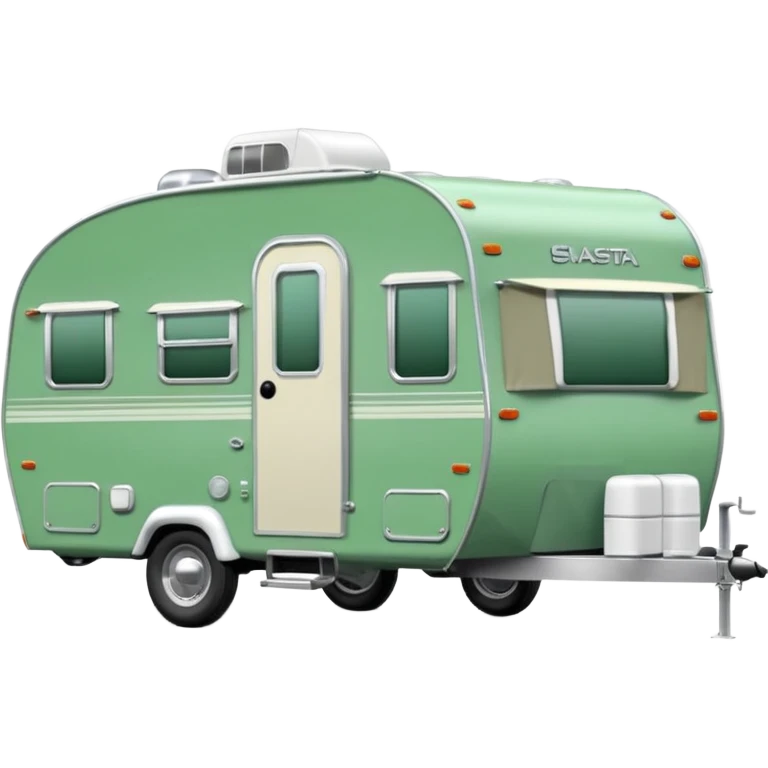 Shasta travel trailer, colored all green, the same green shade as movie trailer green preview card, light grey tires and grey hitch emoji