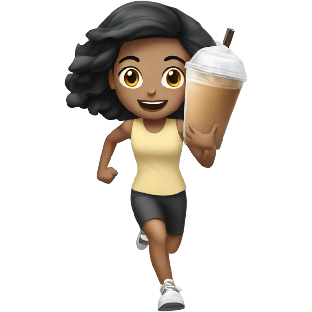 girl with black hair running with iced coffee all over her emoji