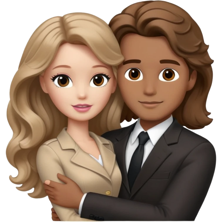 White Barbie girl Chestnut long wavy hair In beige clothes, Hugs a man with brown hair, brown eyes and a black suit emoji