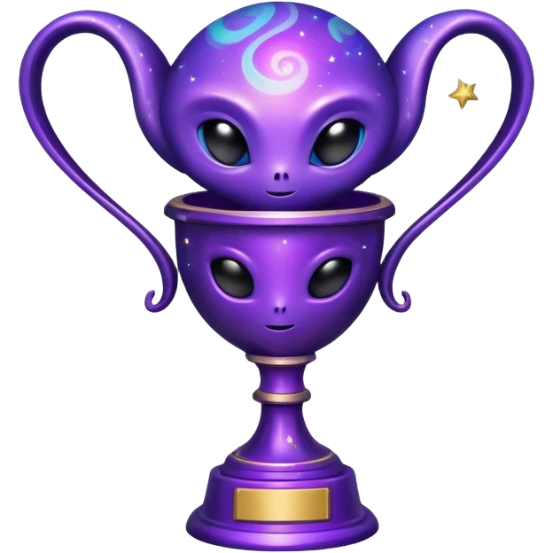 An alien trophy with cosmic colors, deep purples and blues, galaxy swirls, and tiny stars embedded in the design emoji