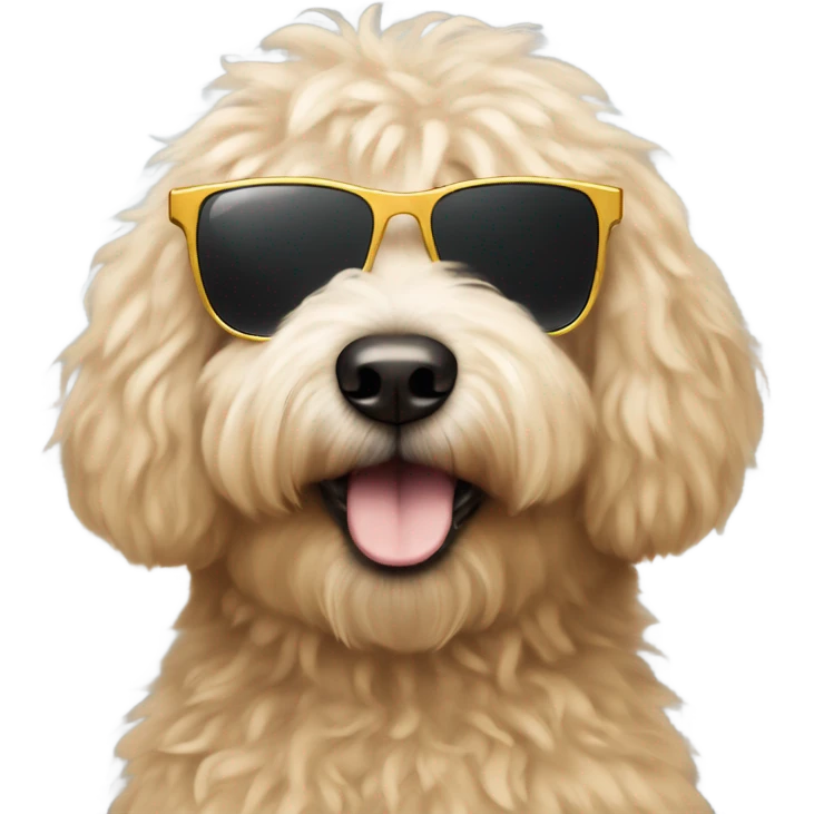 A fluffy golden doodle face wearing sunglasses emoji