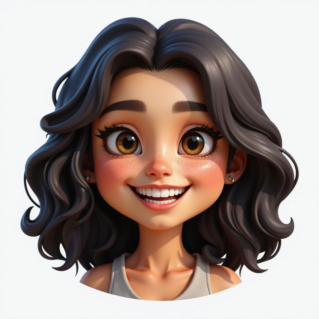realistic emoji of a woman, dark curly shoulder-length hair, big smile showing teeth, almond-shaped eyes, freckles, radiant skin, calm and approachable emoji