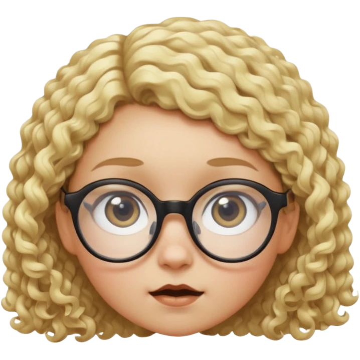 Une fille à lunette, avec des yeux bichromatiques au cheveux très courts et bouclés blondes, de la taille d'un nain, que l'on voit en contre plongée en très grand plan de façon drôle  emoji