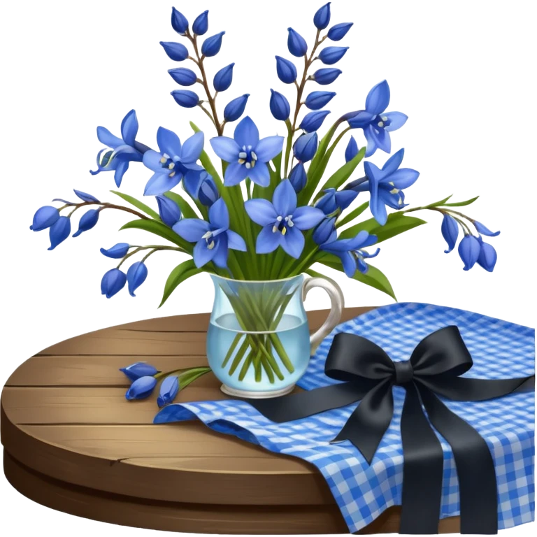 A lush bouquet of bright blue color bluebell black satin ribbon, resting on an antique wooden table, with a pale yellow and pink plaid pattern table cloth emoji