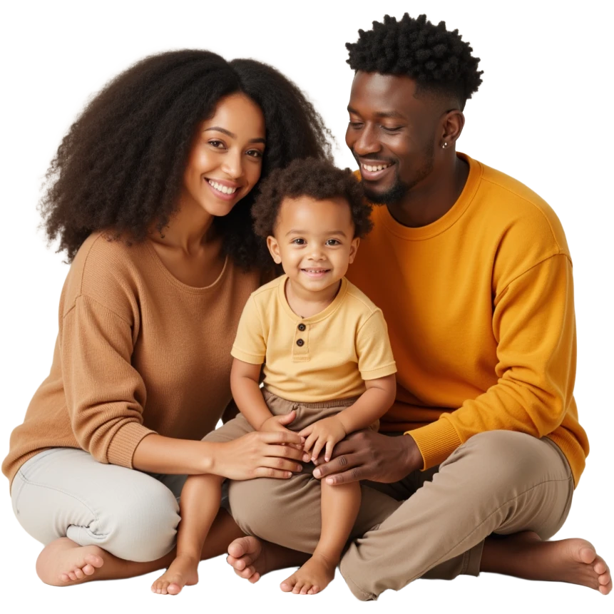 closeup front angle shot of a diverse family with two adults and a child, detailed lifelike textures, soft background, skeuomorphism style emoji
