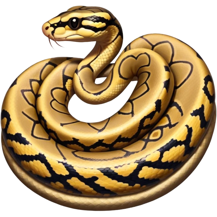 A photo-realistic top-down view of a Ball Python gently coiled into a tight spiral, with its head resting peacefully at the center. The pattern flows smoothly around the curves of its body, emphasizing its natural camouflage and calm demeanor. emoji