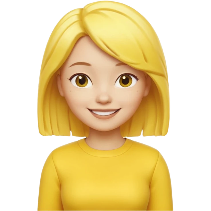 A 3D cartoon female character fully in yellow tones — skin, hair, and outfit all yellow — smiling gently, medium-length hair, cinematic Memoji-style rendering, cohesive with other yellow character emoji