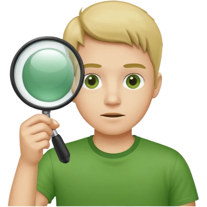 Человек в зеленой футболке , который смотрит в компьютер через лупу  emoji
