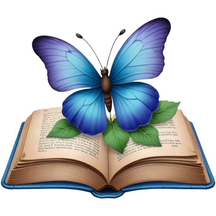 A vintage book with a worn blue cover, open to reveal pressed pansies and a resting green butterfly. emoji