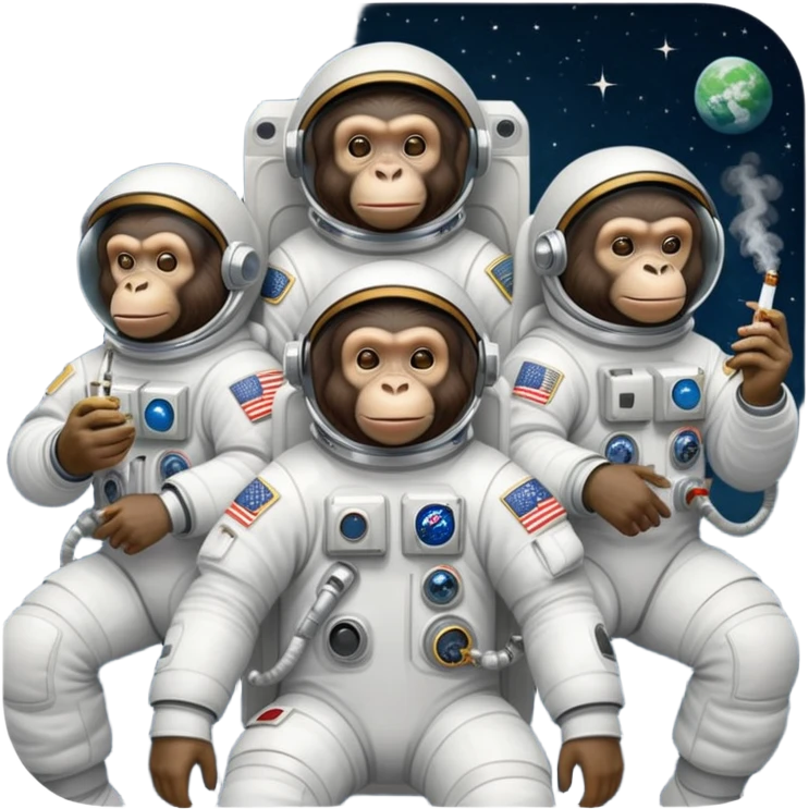 group of apes in astronaut suits, floating in space, smoking weed emoji
