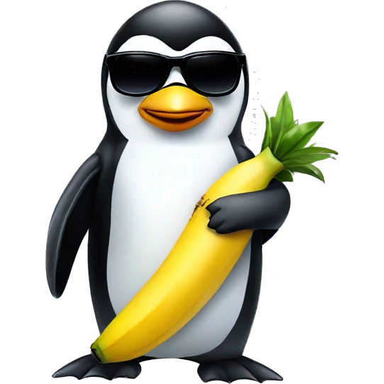 A penguin with Black sunglasses holding a banana like a pistol emoji
