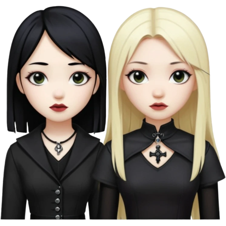 Asian girl black hair and blonde white girl dressed goth emoji