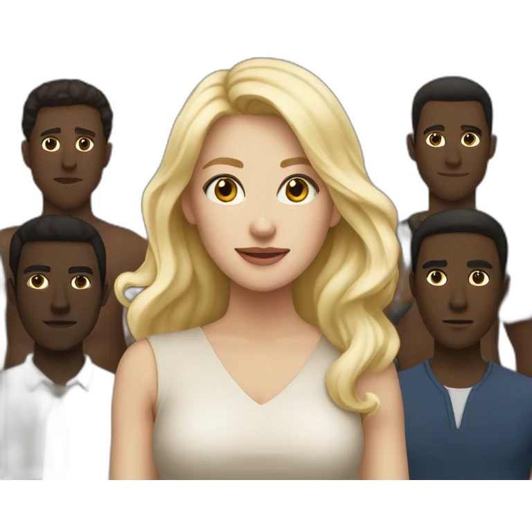 six dark-skinned men stand behind a pale blonde woman emoji