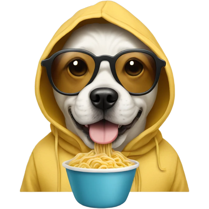 dog wearing hoodie eating noodles and wearing sunglasses  emoji