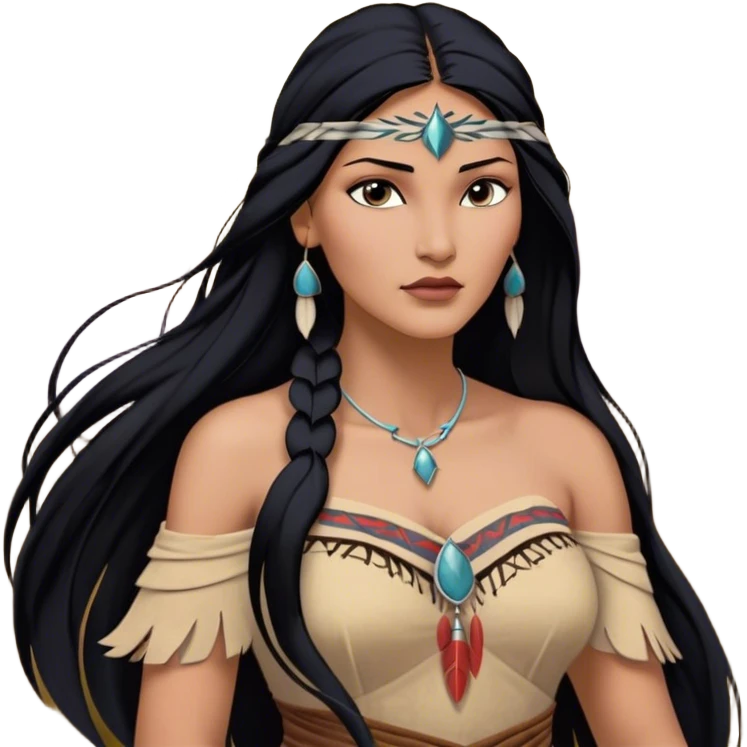 Cinematic Realistic Pocahontas Portrait, depicted with lifelike skin texture, soft natural lighting, and intricately detailed long, flowing raven-black hair that moves gracefully in the wind. Her deep, soulful dark brown eyes exude wisdom and strength, complemented by a serene yet powerful expression. She is dressed in her classic one-shoulder native american dress, with rich fabric textures and delicate beaded details that catch the light beautifully. The portrait features a soft, sun-kissed glow with a natural, radiant finish, capturing the essence of untamed beauty and deep connection to nature in a realistic and painterly style, evoking a sense of depth and authenticity. emoji