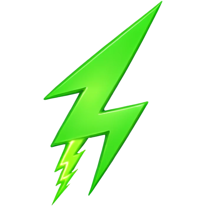 A single neon green lightning bolt emoji, glossy and smooth, vibrant neon green color, high detail, simple and cute design emoji