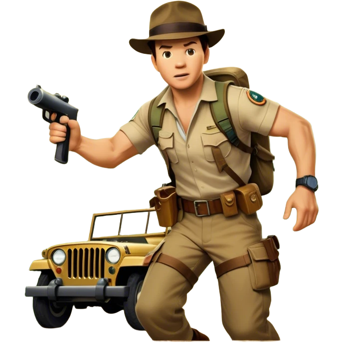 A vintage movie poster-style collage. Include action-packed elements like a treasure map, jungle scenes, a rugged explorer with a compass and a speeding jeep. Add a shadowy figure resembling close-up Mark Wahlberg in adventurous gear. Dramatic lighting, dynamic composition. Transparent background. emoji