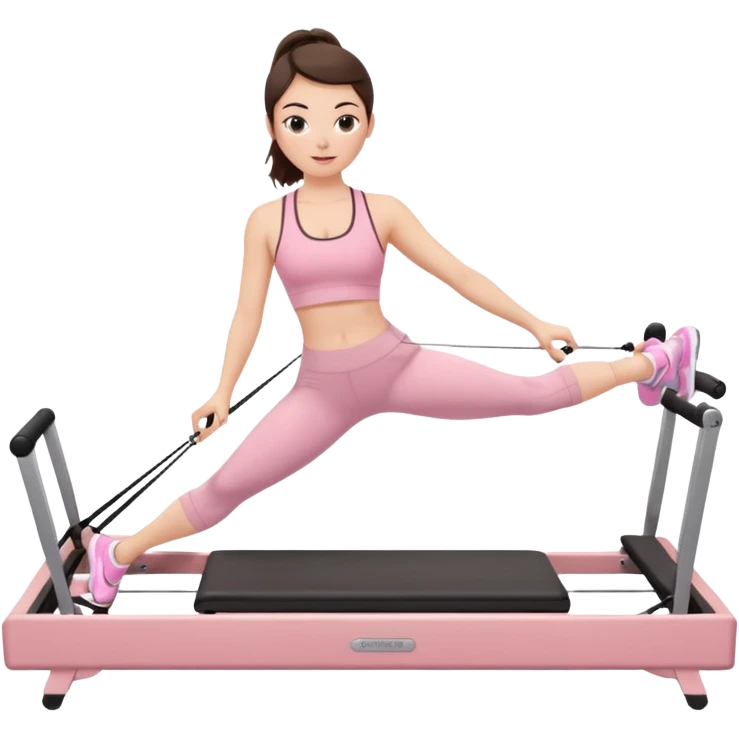 white brunette girl in light pink workout clothes doing pilates on a reformer emoji
