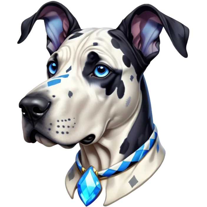 Cinematic Noble Harlequin Great Dane Portrait Emoji, Poised and regal, with a towering, muscular build and a striking coat of predominantly white with bold black patches, deep-set soulful blue eyes, Simplified yet sharp and sophisticated features, highly detailed, glowing with a soft, dignified glow, high shine, intelligent and loyal, stylized with an air of majesty, focused and attentive, soft glowing outline, capturing the essence of a watchful and confident guardian, so majestic it feels as though it could stride out of the screen with effortless authority! emoji