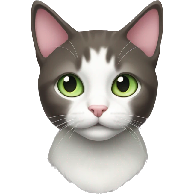 dark brown grey and white cat with pale green eyes pink nose emoji