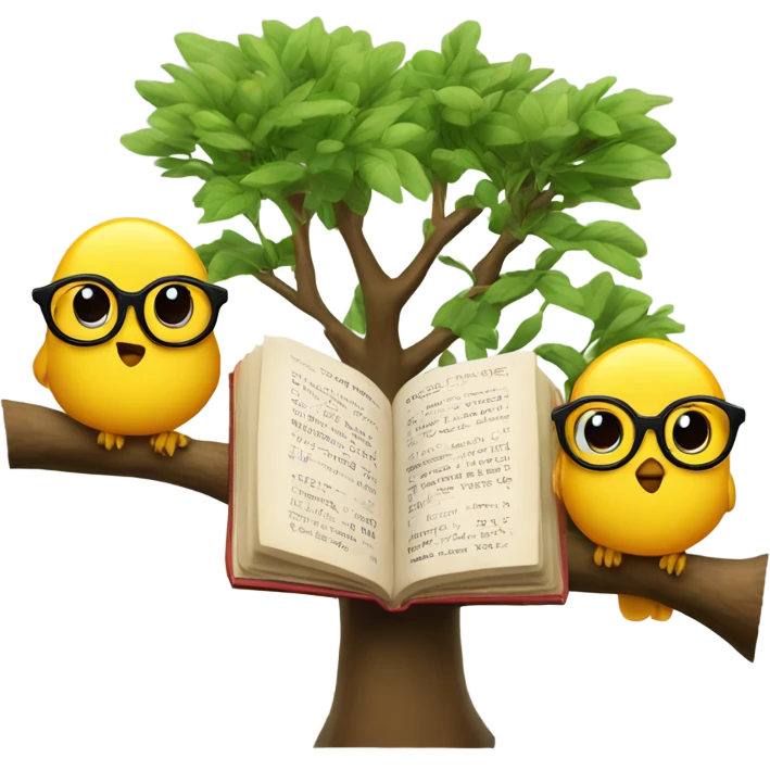 three birds in a tree but only one of them wearing glasses and hanging a book emoji