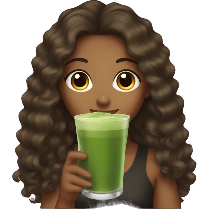A brown girl who’s drink is matcha with black curly long hair  emoji