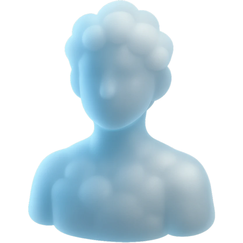 person made entirely of white fluffy clouds, shoulder up, front view, matte glass style emoji