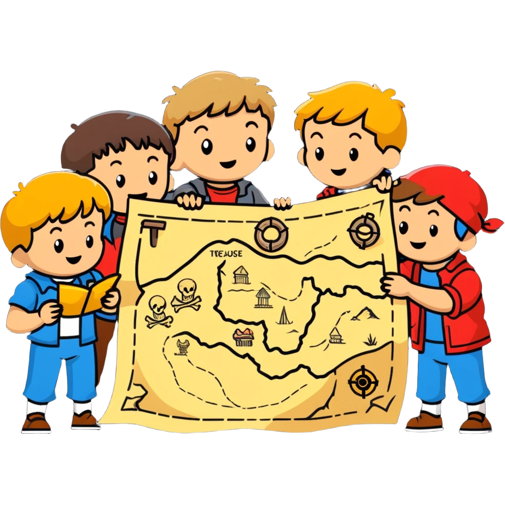 group of goonies kids examining a treasure map emoji